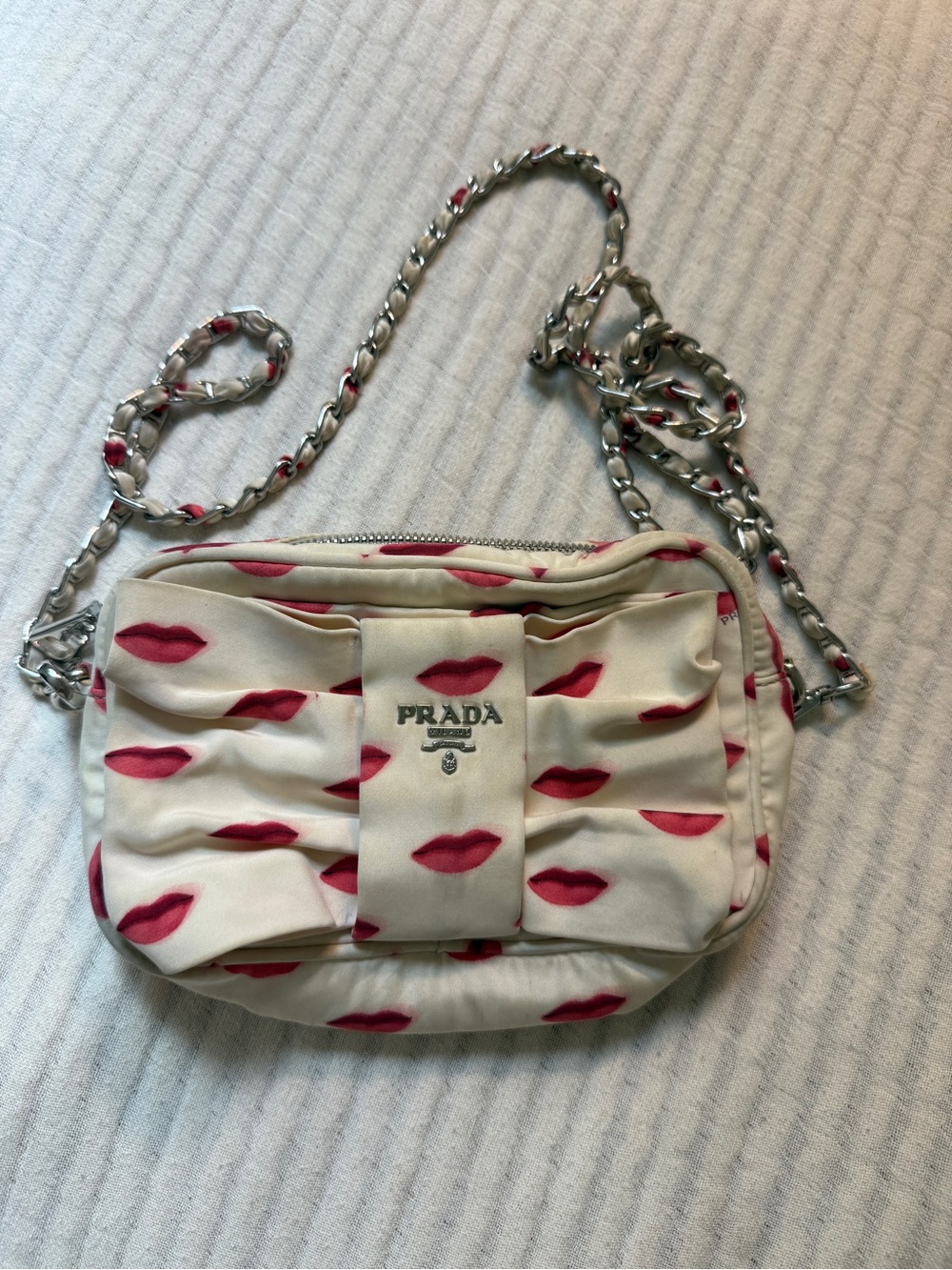 Prada Cream Crossbody Bag with Pink Red Print and Chain Strap